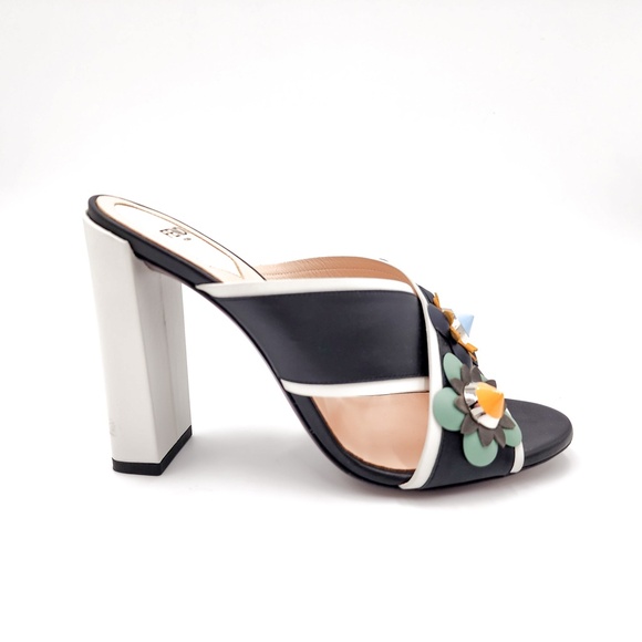 Fendi Flowerland Black White Nappa Leather Slip-On Heeled Mules EU 38 - Picture 1 of 10